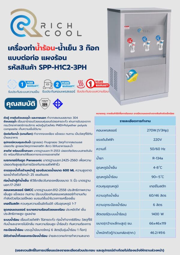 Rich Cool เครื่องทำน้ำร้อน 1 ก๊อก และน้ำเย็น 2 ก๊อก แบบต่อท่อ รหัสสินค้า SPP-H1C2-3PH - Image 2