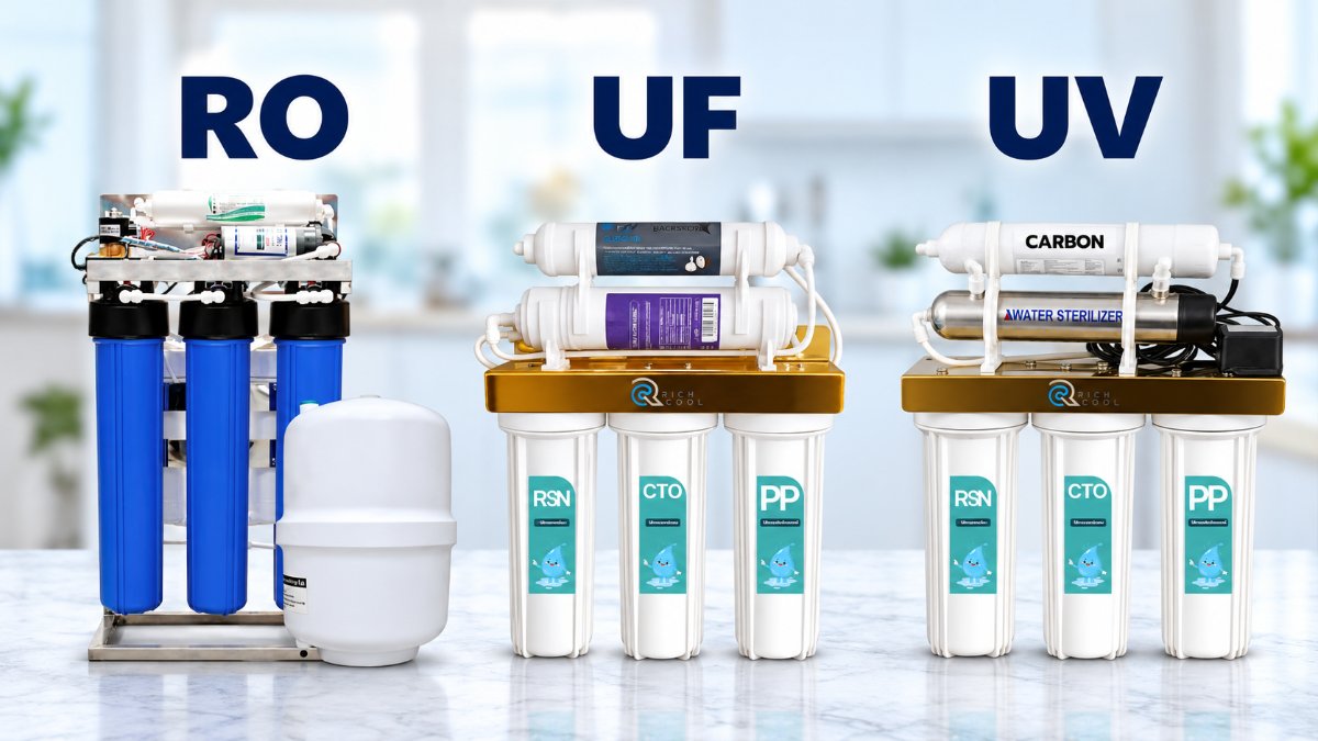 ไส้กรองน้ำ RO UF UV ต่างกันอย่างไร เลือกแบบไหนเหมาะกับบ้านคุณ (2569) 1 เปรียบเทียบเครื่องกรองน้ำ RO UF UV